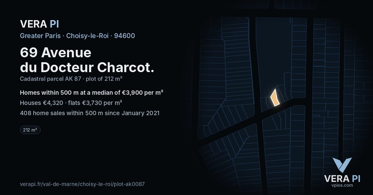 69 Avenue du Docteur Charcot, Choisy-le-Roi at night – the plot lit, the parcels around coloured by the prices near them