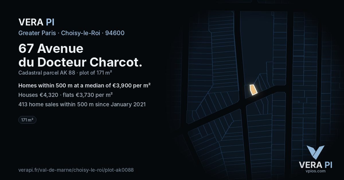 67 Avenue du Docteur Charcot, Choisy-le-Roi at night – the plot lit, the parcels around coloured by the prices near them