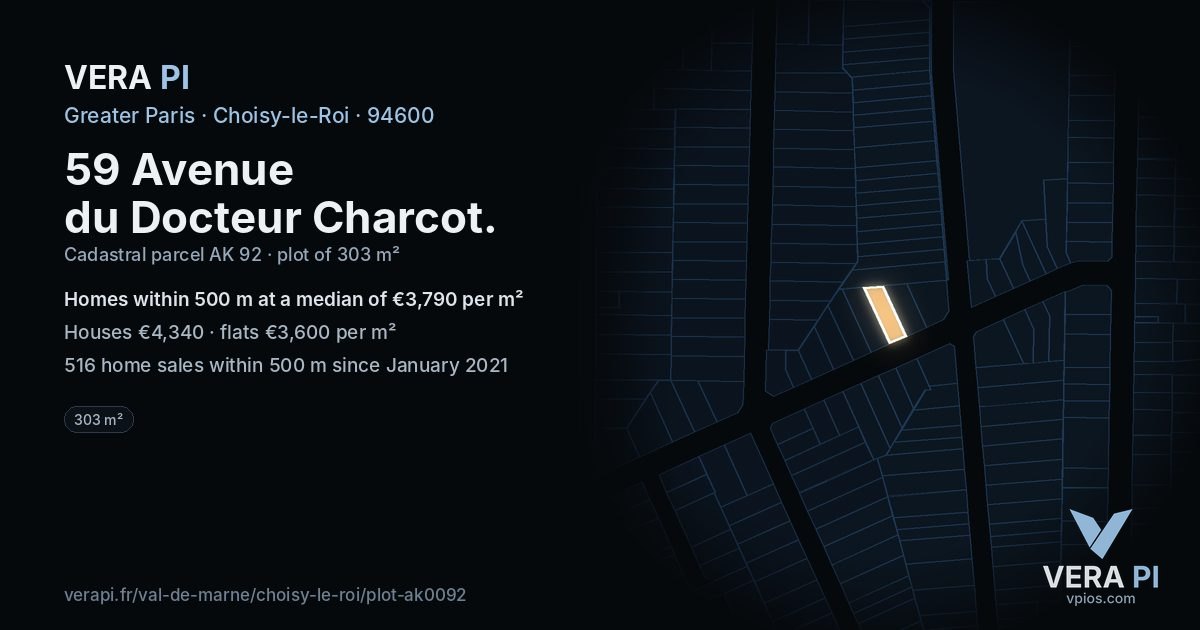 59 Avenue du Docteur Charcot, Choisy-le-Roi at night – the plot lit, the parcels around coloured by the prices near them