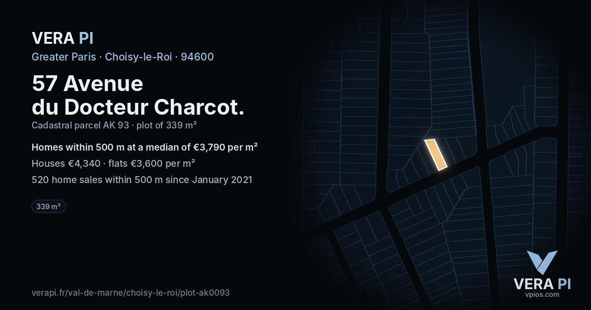 57 Avenue du Docteur Charcot, Choisy-le-Roi at night – the plot lit, the parcels around coloured by the prices near them