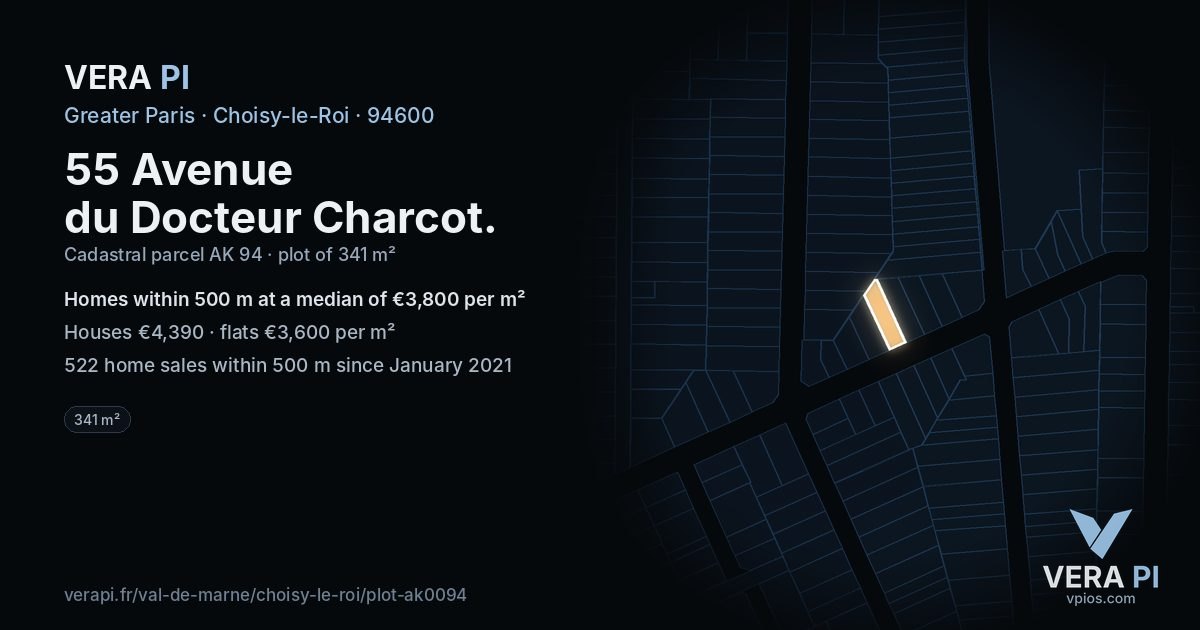 55 Avenue du Docteur Charcot, Choisy-le-Roi at night – the plot lit, the parcels around coloured by the prices near them
