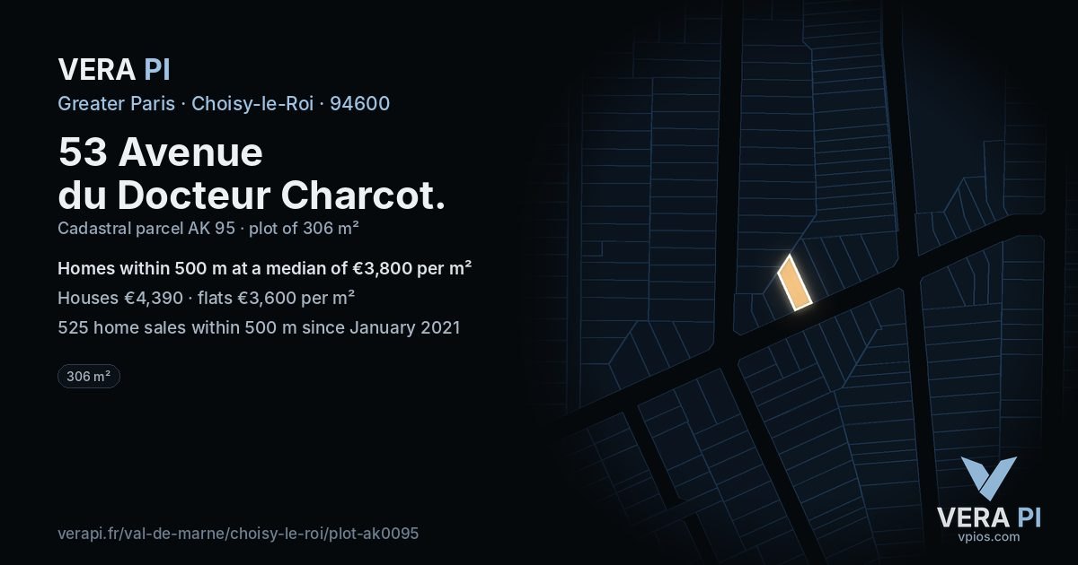 53 Avenue du Docteur Charcot, Choisy-le-Roi at night – the plot lit, the parcels around coloured by the prices near them