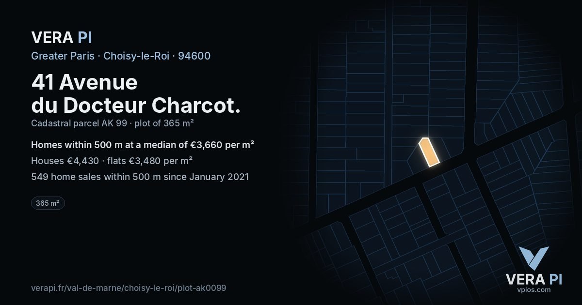 41 Avenue du Docteur Charcot, Choisy-le-Roi at night – the plot lit, the parcels around coloured by the prices near them