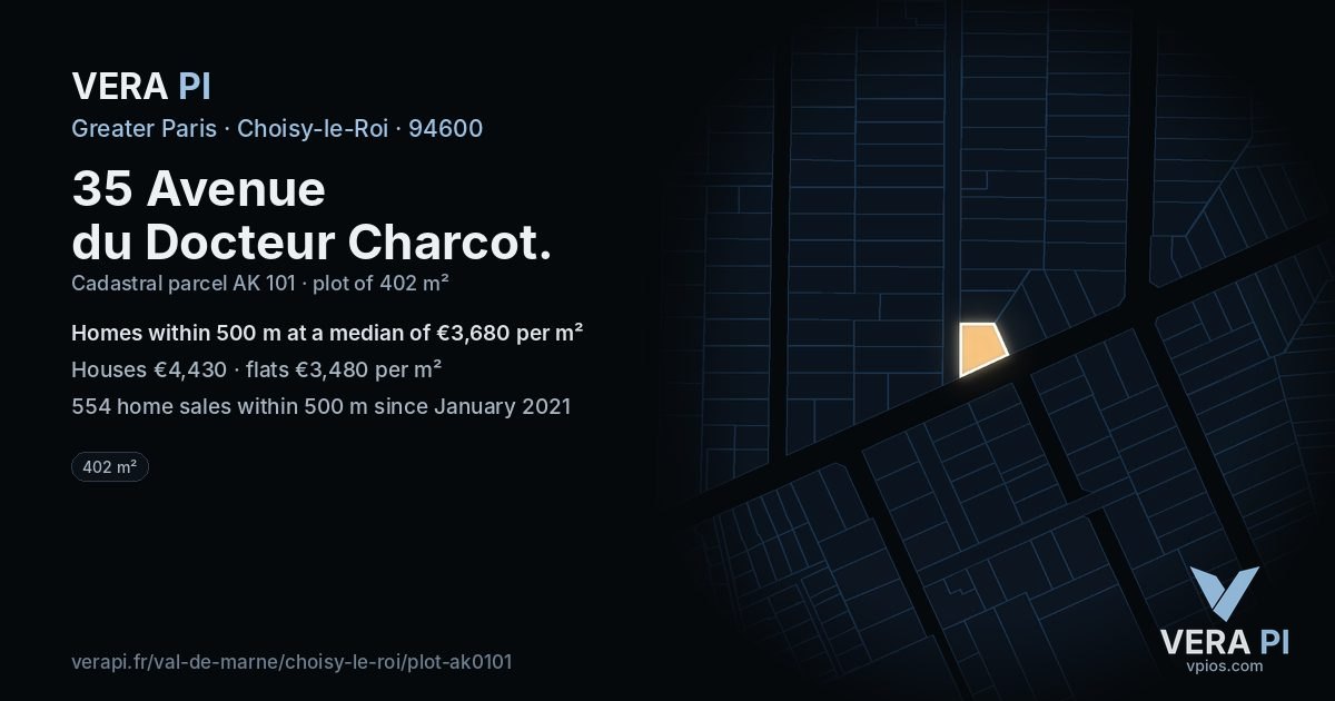 35 Avenue du Docteur Charcot, Choisy-le-Roi at night – the plot lit, the parcels around coloured by the prices near them
