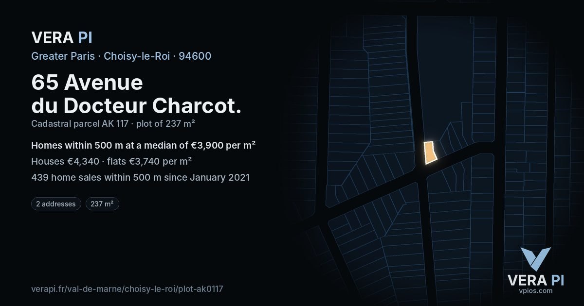 65 Avenue du Docteur Charcot, Choisy-le-Roi at night – the plot lit, the parcels around coloured by the prices near them