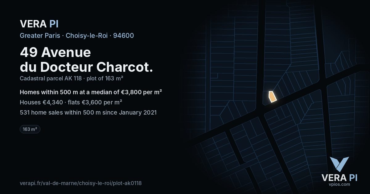49 Avenue du Docteur Charcot, Choisy-le-Roi at night – the plot lit, the parcels around coloured by the prices near them