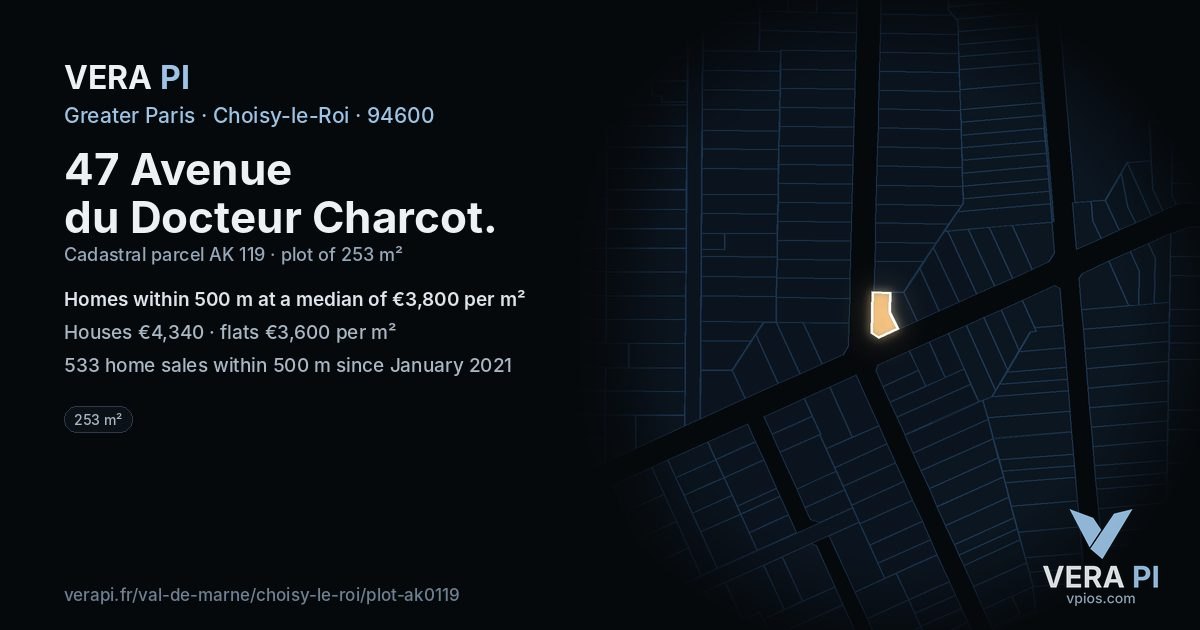 47 Avenue du Docteur Charcot, Choisy-le-Roi at night – the plot lit, the parcels around coloured by the prices near them