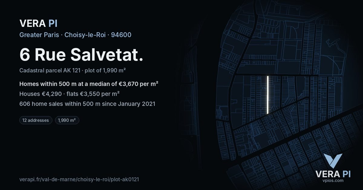 6 Rue Salvetat, Choisy-le-Roi at night – the plot lit, the parcels around coloured by the prices near them