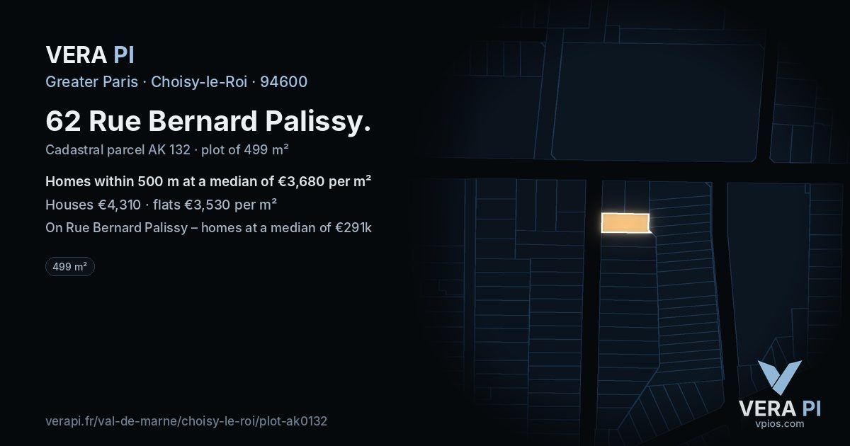 62 Rue Bernard Palissy, Choisy-le-Roi at night – the plot lit, the parcels around coloured by the prices near them