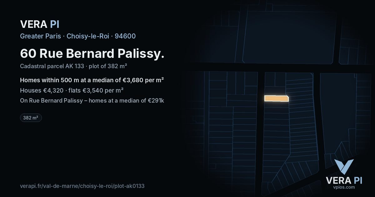 60 Rue Bernard Palissy, Choisy-le-Roi at night – the plot lit, the parcels around coloured by the prices near them