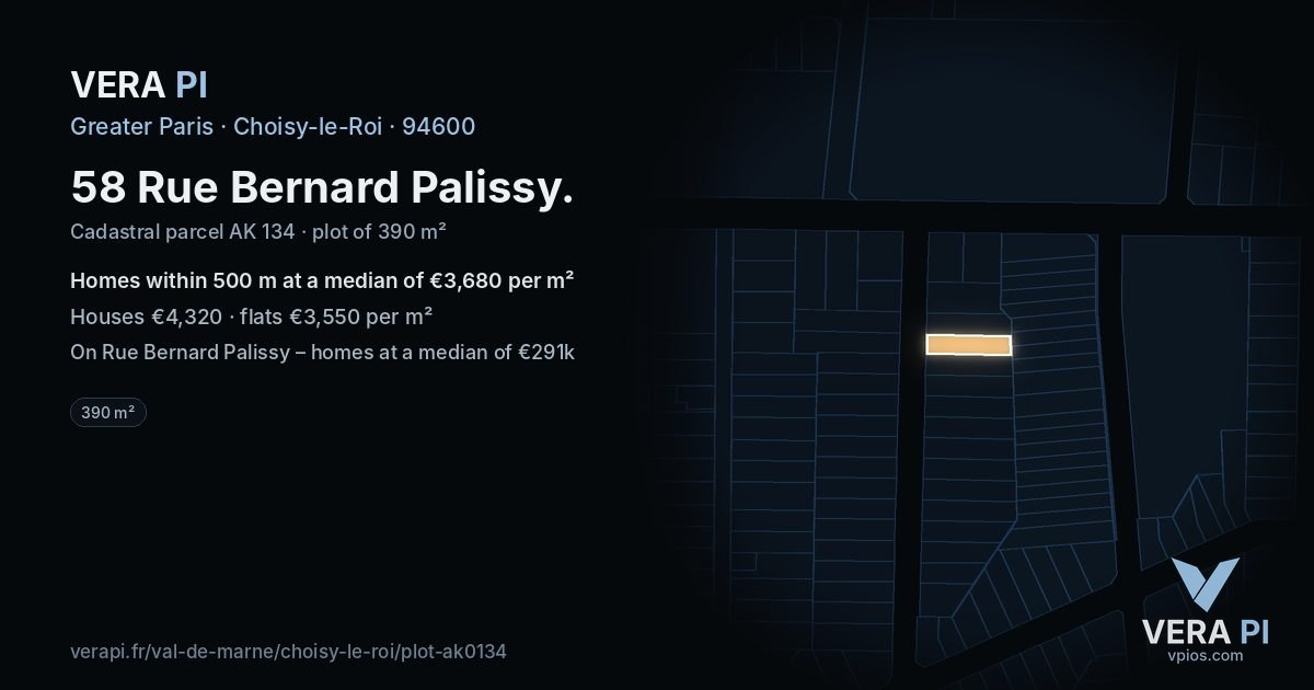 58 Rue Bernard Palissy, Choisy-le-Roi at night – the plot lit, the parcels around coloured by the prices near them