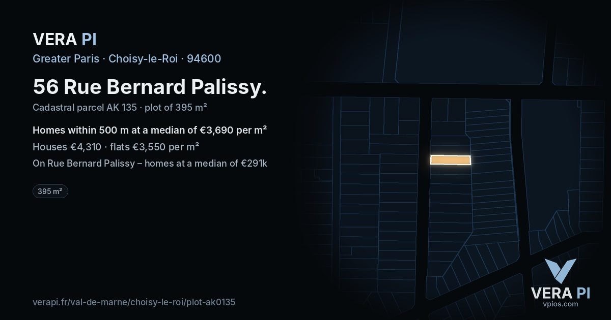 56 Rue Bernard Palissy, Choisy-le-Roi at night – the plot lit, the parcels around coloured by the prices near them