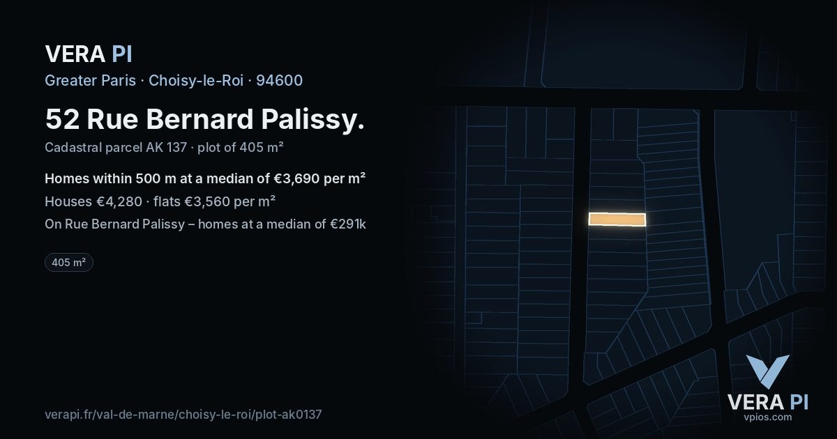 52 Rue Bernard Palissy, Choisy-le-Roi at night – the plot lit, the parcels around coloured by the prices near them