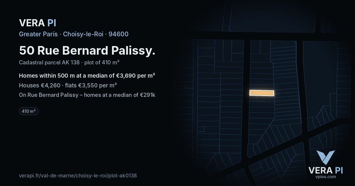 50 Rue Bernard Palissy, Choisy-le-Roi at night – the plot lit, the parcels around coloured by the prices near them