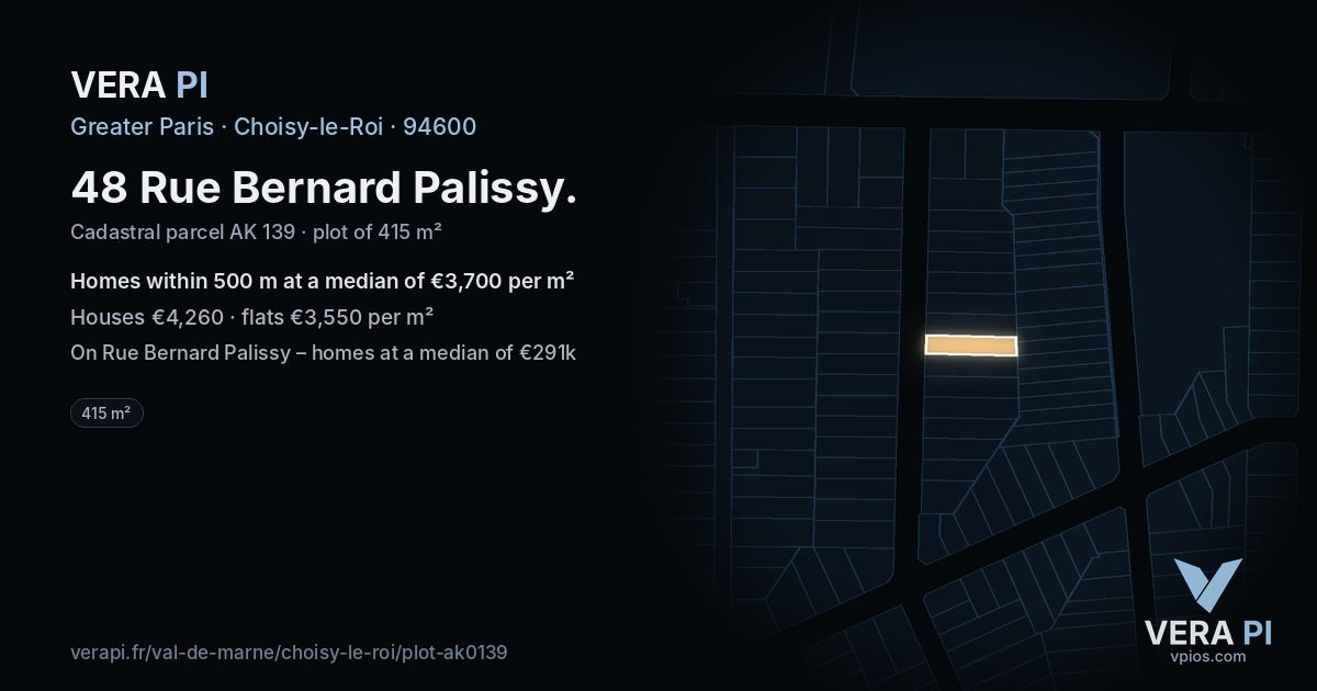 48 Rue Bernard Palissy, Choisy-le-Roi at night – the plot lit, the parcels around coloured by the prices near them