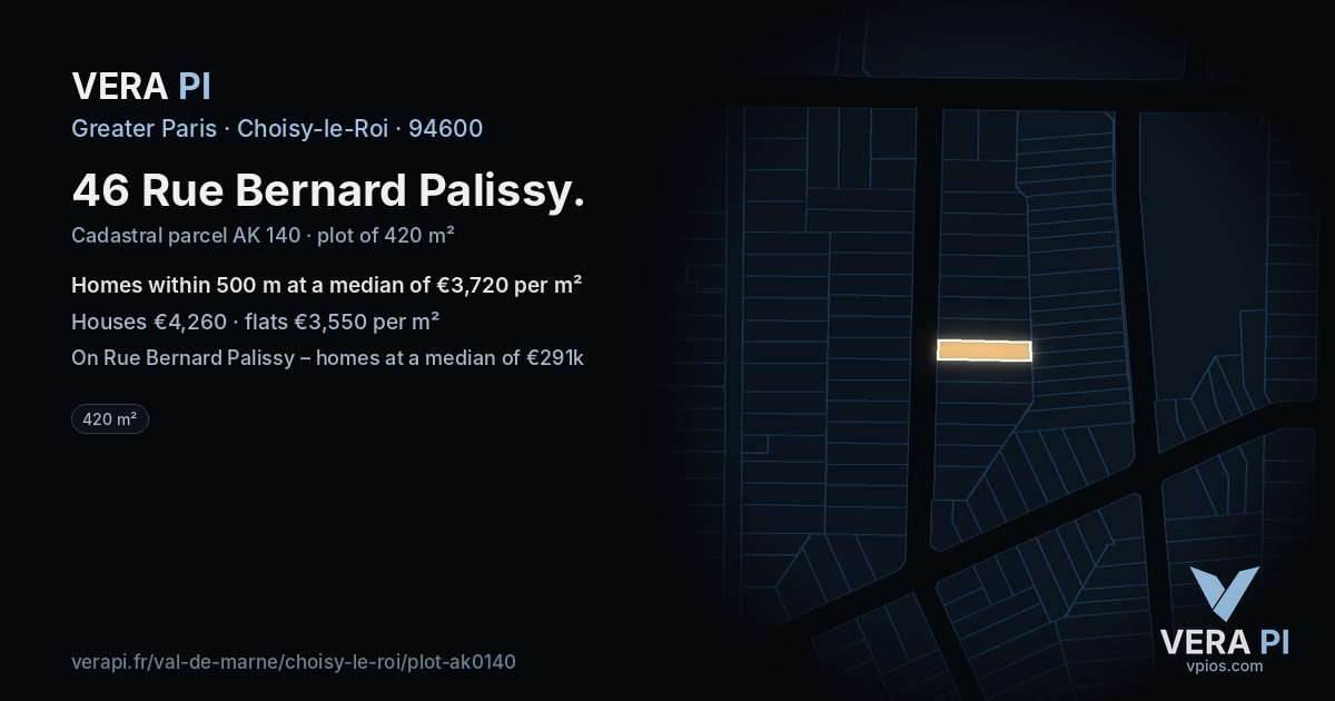 46 Rue Bernard Palissy, Choisy-le-Roi at night – the plot lit, the parcels around coloured by the prices near them