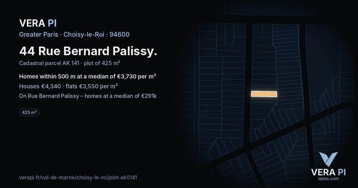 44 Rue Bernard Palissy, Choisy-le-Roi at night – the plot lit, the parcels around coloured by the prices near them