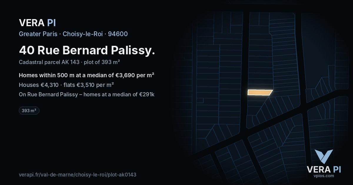 40 Rue Bernard Palissy, Choisy-le-Roi at night – the plot lit, the parcels around coloured by the prices near them