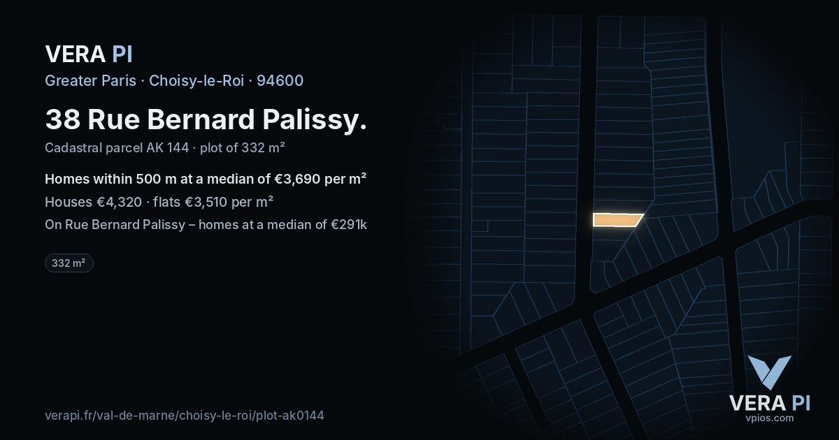 38 Rue Bernard Palissy, Choisy-le-Roi at night – the plot lit, the parcels around coloured by the prices near them