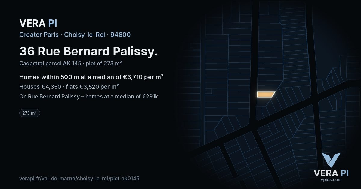 36 Rue Bernard Palissy, Choisy-le-Roi at night – the plot lit, the parcels around coloured by the prices near them