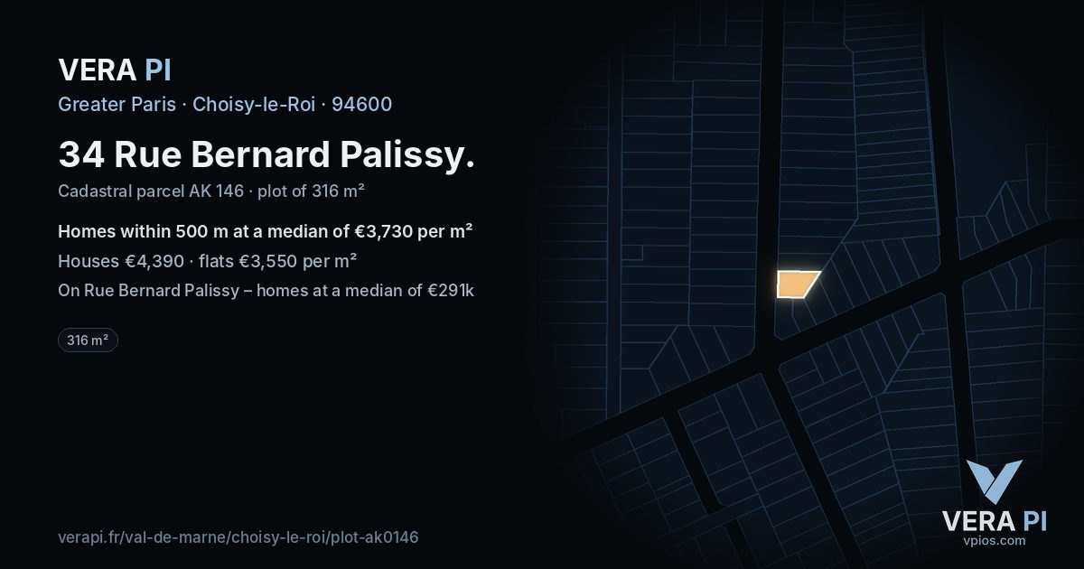 34 Rue Bernard Palissy, Choisy-le-Roi at night – the plot lit, the parcels around coloured by the prices near them
