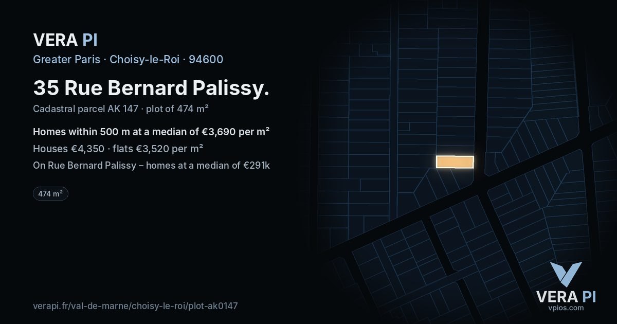 35 Rue Bernard Palissy, Choisy-le-Roi at night – the plot lit, the parcels around coloured by the prices near them