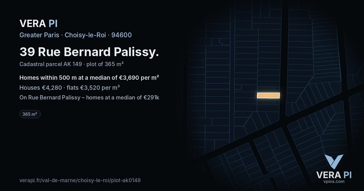 39 Rue Bernard Palissy, Choisy-le-Roi at night – the plot lit, the parcels around coloured by the prices near them