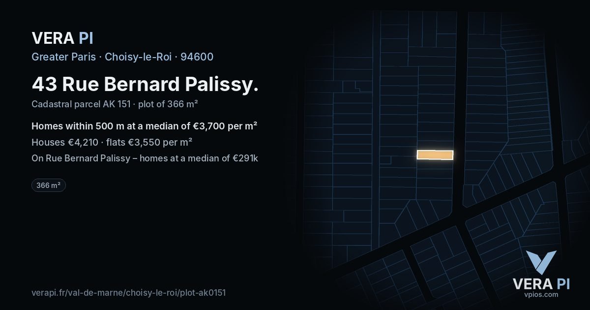 43 Rue Bernard Palissy, Choisy-le-Roi at night – the plot lit, the parcels around coloured by the prices near them