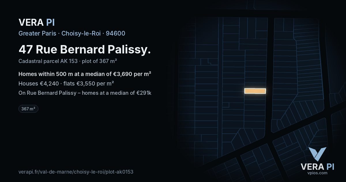 47 Rue Bernard Palissy, Choisy-le-Roi at night – the plot lit, the parcels around coloured by the prices near them