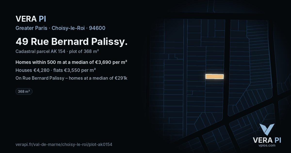 49 Rue Bernard Palissy, Choisy-le-Roi at night – the plot lit, the parcels around coloured by the prices near them