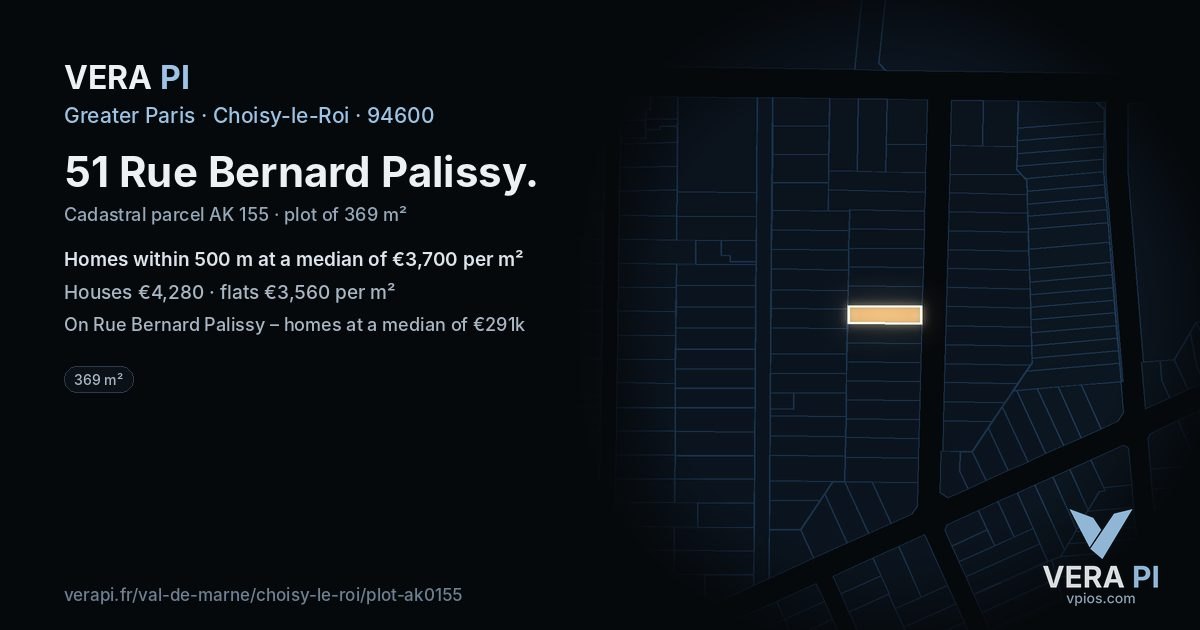 51 Rue Bernard Palissy, Choisy-le-Roi at night – the plot lit, the parcels around coloured by the prices near them