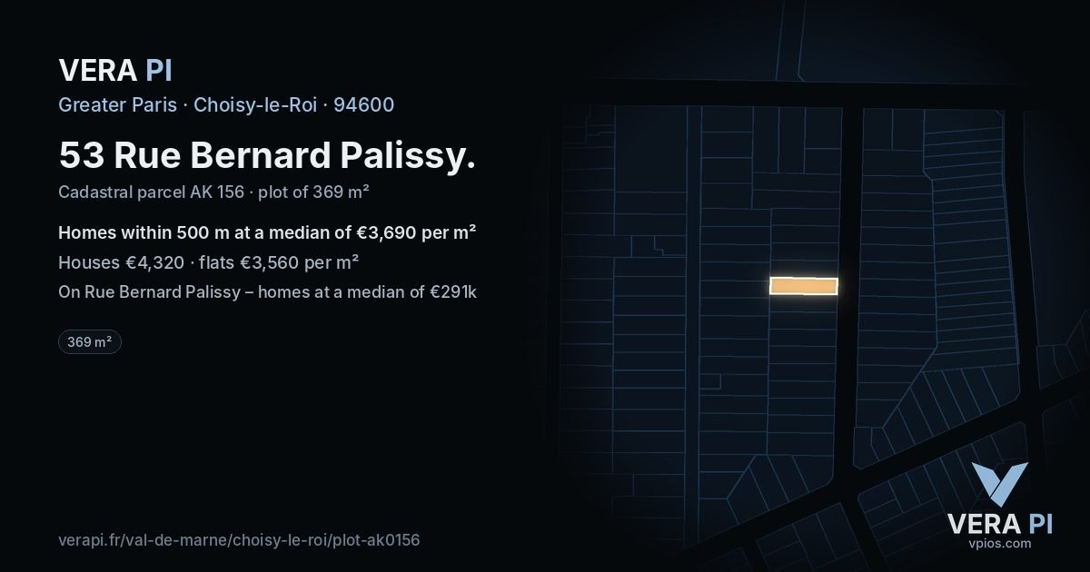 53 Rue Bernard Palissy, Choisy-le-Roi at night – the plot lit, the parcels around coloured by the prices near them