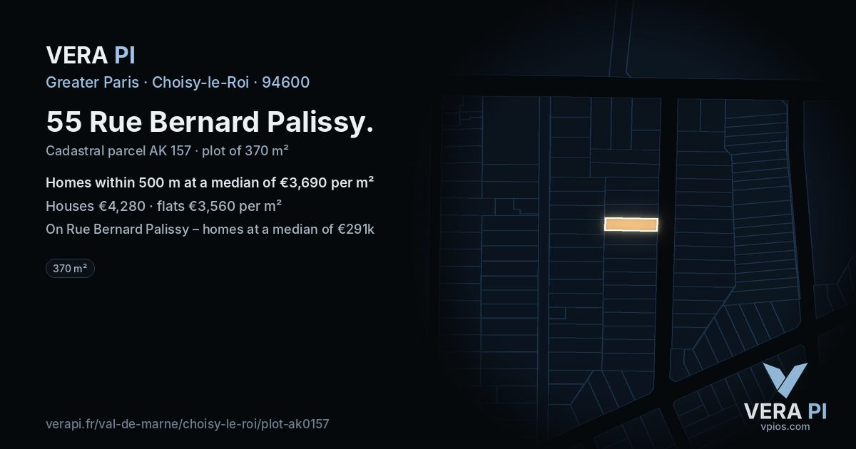 55 Rue Bernard Palissy, Choisy-le-Roi at night – the plot lit, the parcels around coloured by the prices near them