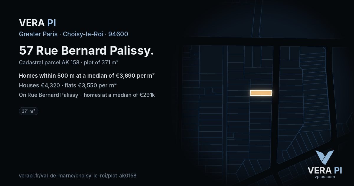 57 Rue Bernard Palissy, Choisy-le-Roi at night – the plot lit, the parcels around coloured by the prices near them