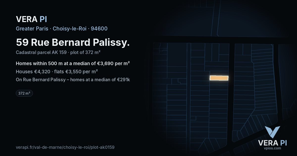 59 Rue Bernard Palissy, Choisy-le-Roi at night – the plot lit, the parcels around coloured by the prices near them