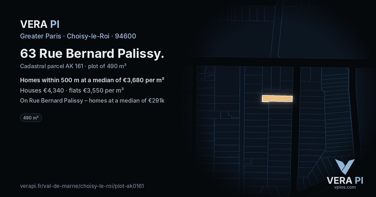 63 Rue Bernard Palissy, Choisy-le-Roi at night – the plot lit, the parcels around coloured by the prices near them