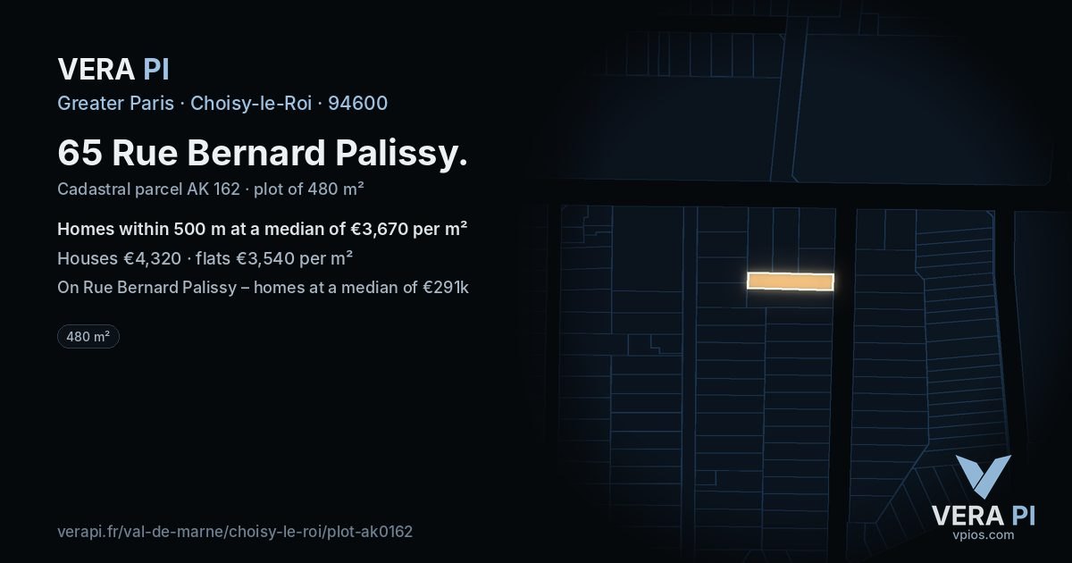 65 Rue Bernard Palissy, Choisy-le-Roi at night – the plot lit, the parcels around coloured by the prices near them