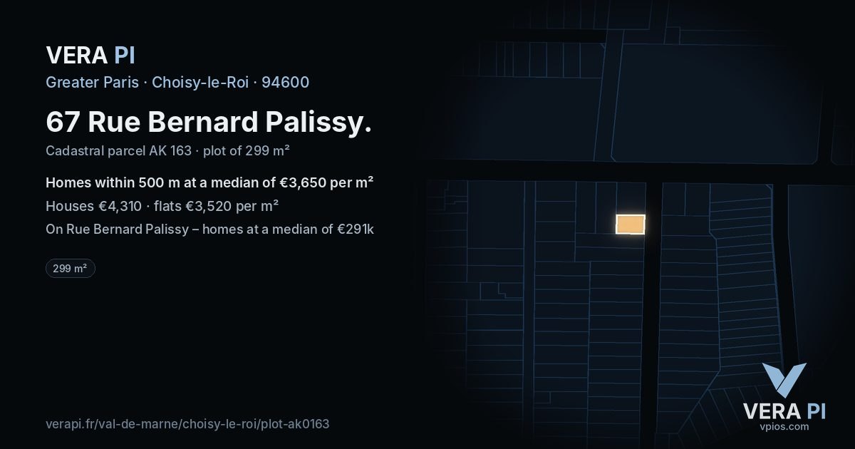67 Rue Bernard Palissy, Choisy-le-Roi at night – the plot lit, the parcels around coloured by the prices near them