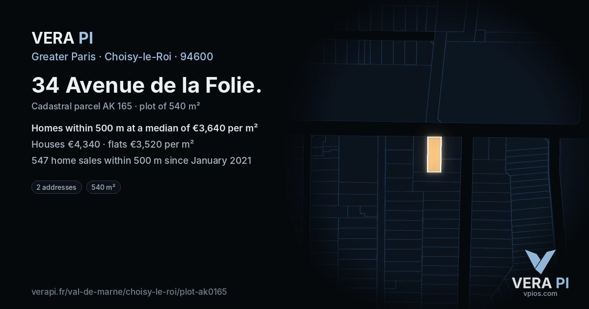 34 Avenue de la Folie, Choisy-le-Roi at night – the plot lit, the parcels around coloured by the prices near them