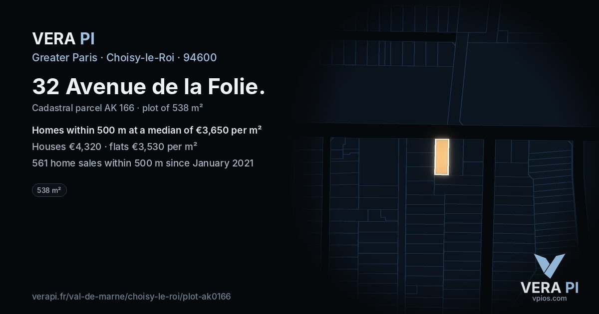 32 Avenue de la Folie, Choisy-le-Roi at night – the plot lit, the parcels around coloured by the prices near them