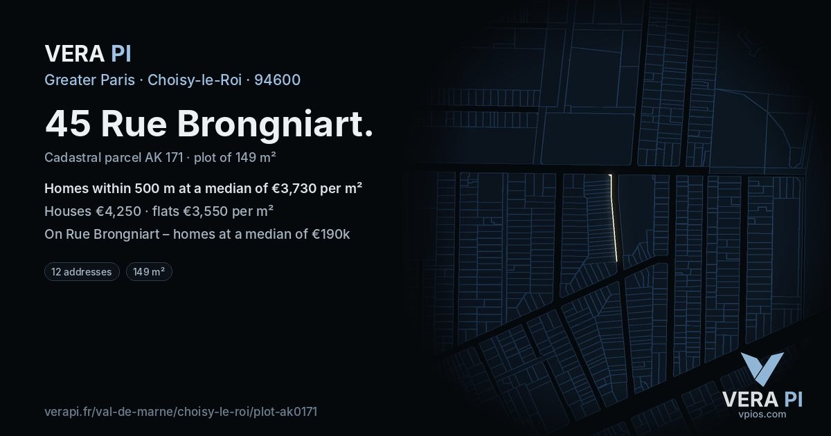 45 Rue Brongniart, Choisy-le-Roi at night – the plot lit, the parcels around coloured by the prices near them