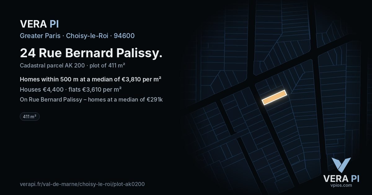 24 Rue Bernard Palissy, Choisy-le-Roi at night – the plot lit, the parcels around coloured by the prices near them