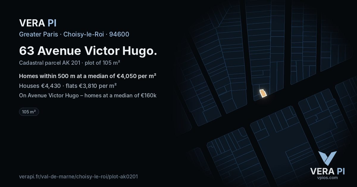 63 Avenue Victor Hugo, Choisy-le-Roi at night – the plot lit, the parcels around coloured by the prices near them