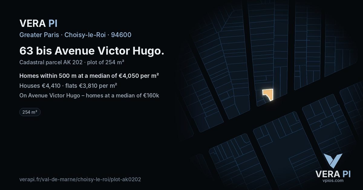 63 bis Avenue Victor Hugo, Choisy-le-Roi at night – the plot lit, the parcels around coloured by the prices near them