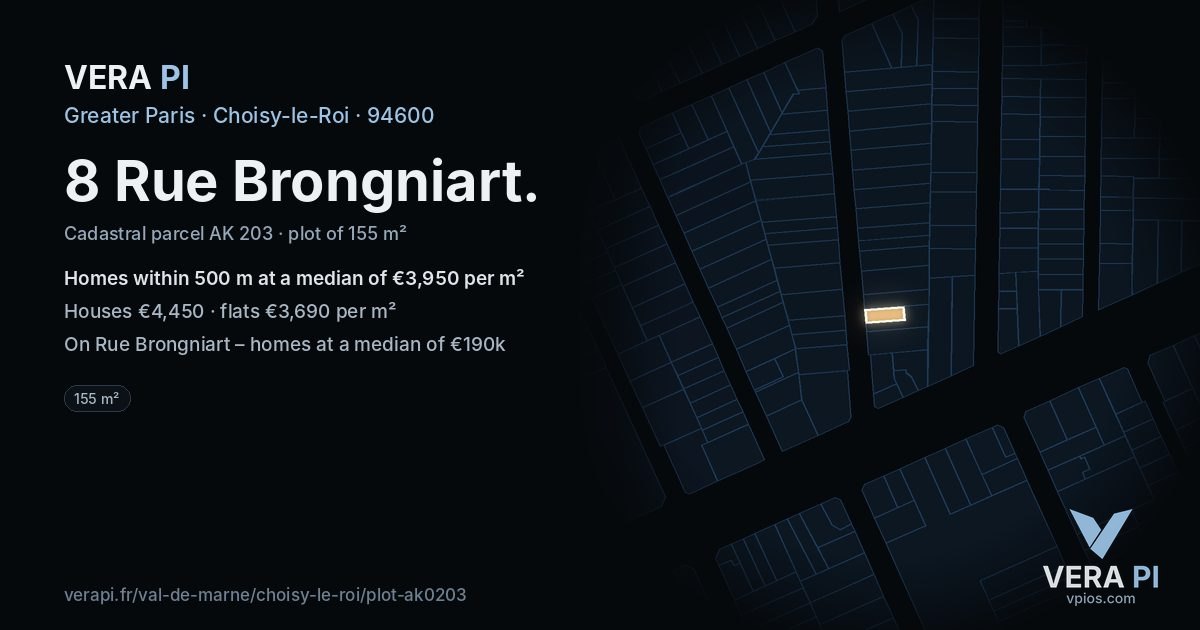 8 Rue Brongniart, Choisy-le-Roi at night – the plot lit, the parcels around coloured by the prices near them