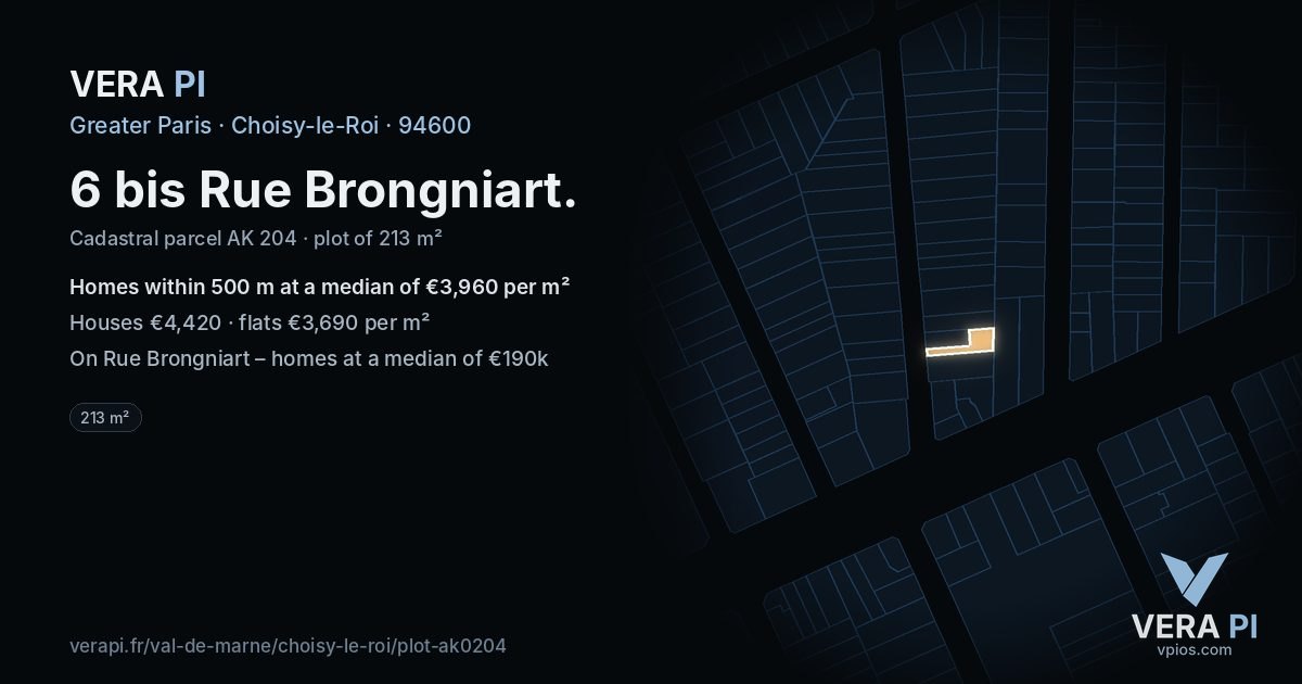 6 bis Rue Brongniart, Choisy-le-Roi at night – the plot lit, the parcels around coloured by the prices near them