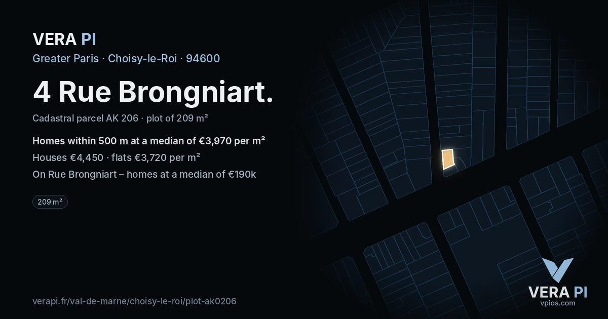 4 Rue Brongniart, Choisy-le-Roi at night – the plot lit, the parcels around coloured by the prices near them