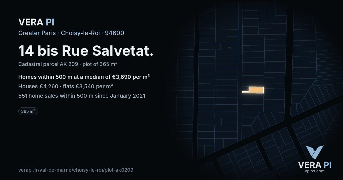 14 bis Rue Salvetat, Choisy-le-Roi at night – the plot lit, the parcels around coloured by the prices near them