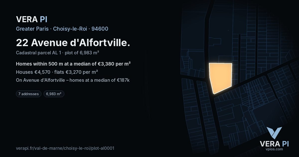 22 Avenue d'Alfortville, Choisy-le-Roi at night – the plot lit, the parcels around coloured by the prices near them