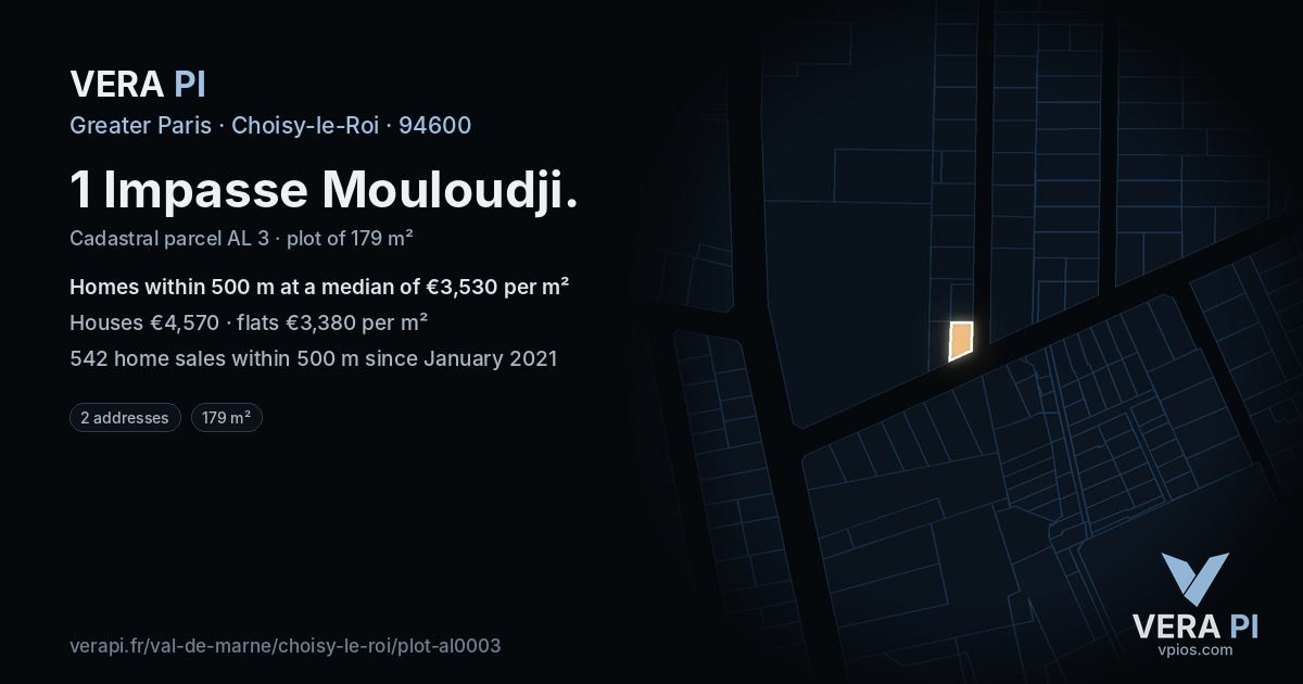 1 Impasse Mouloudji, Choisy-le-Roi at night – the plot lit, the parcels around coloured by the prices near them